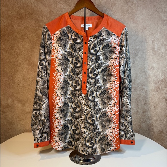 Liz Claiborne Orange & Brown Paisley Long-sleeve Top Henley Neckline Size XL - Picture 2 of 10